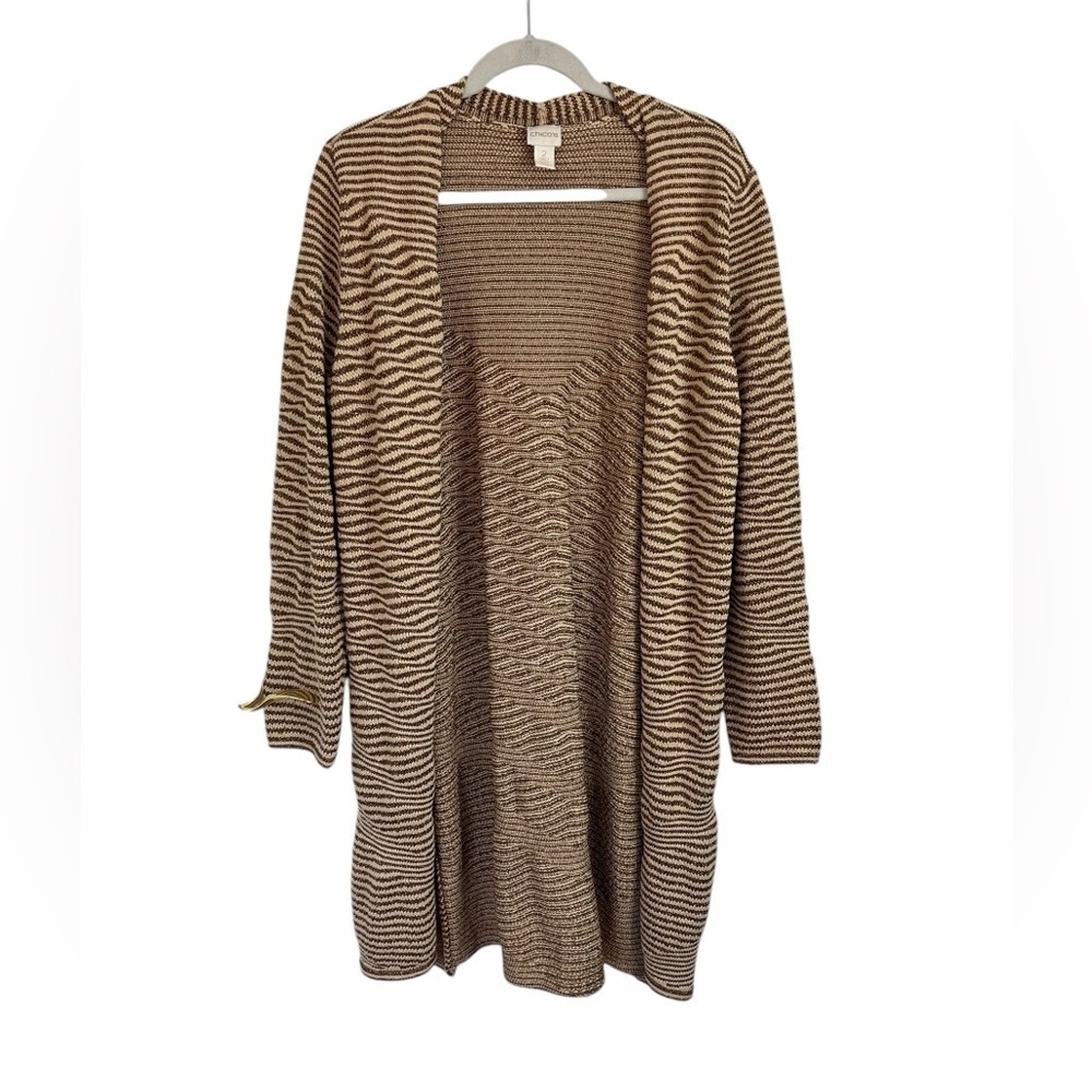 Chicos Brown Gold Metallic Knit Open Front Cardigan Duster Womens Sz 2 (Large)